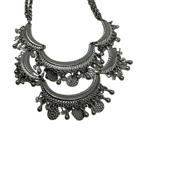 Statement Egyptian Necklace Silver Tone Moon Shaped Stations with Hanging Beads - Picture 4 of 9